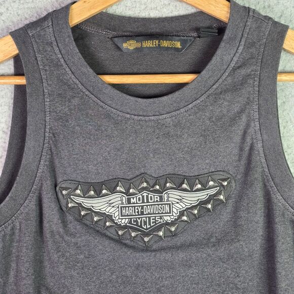 Harley Davidson Charcoal Gray Studded Logo Muscle Tank Top Moto Biker Chic Small - Picture 5 of 11